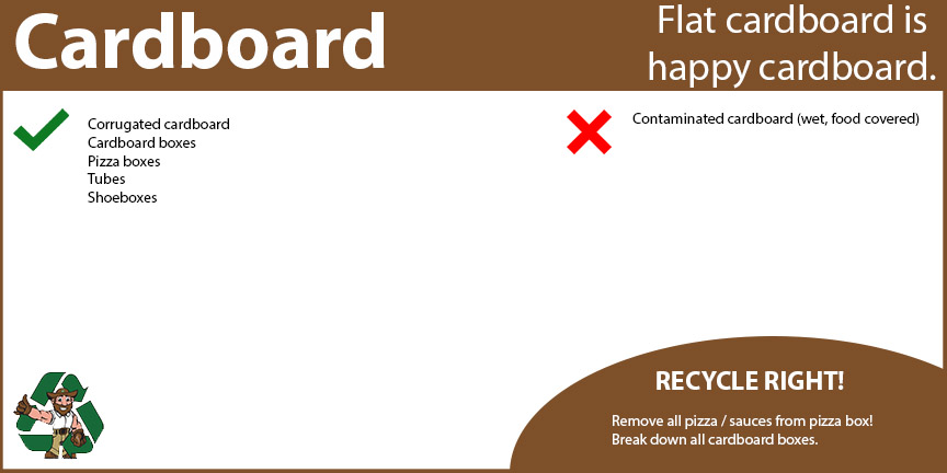 Cardboard recycling includes corrugated cardboard, cardboard boxes, pizza boxes, tubes and shoeboxes. 