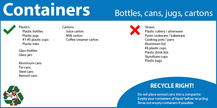 Container recycling includes plastic bottles, jugs and tubs, along with number 1 through 5 plastic cups, glass bottles and jars, aluminum cans, steel cans, aerosol cans, juice cartons, milk cartons and coffee creamer cartons. 